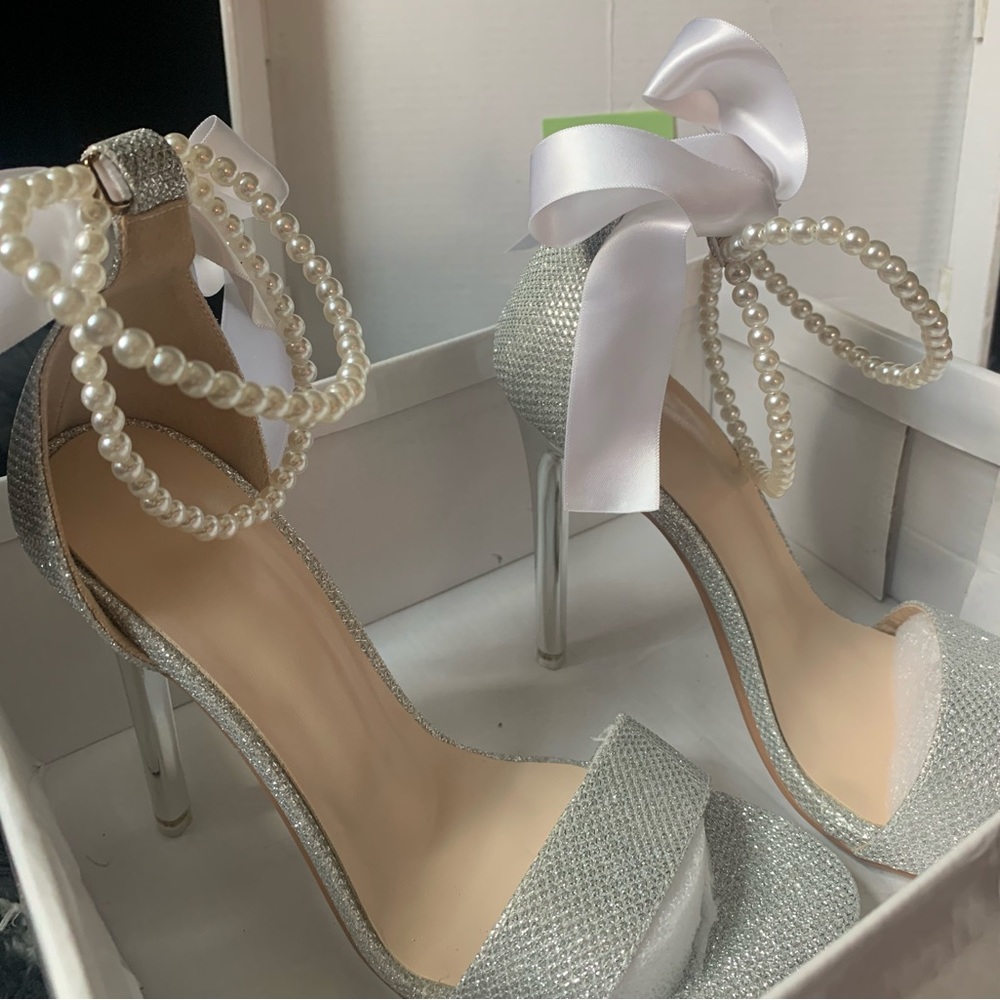 Glitter Detail Stiletto Heeled Ankle Strap pearl heels